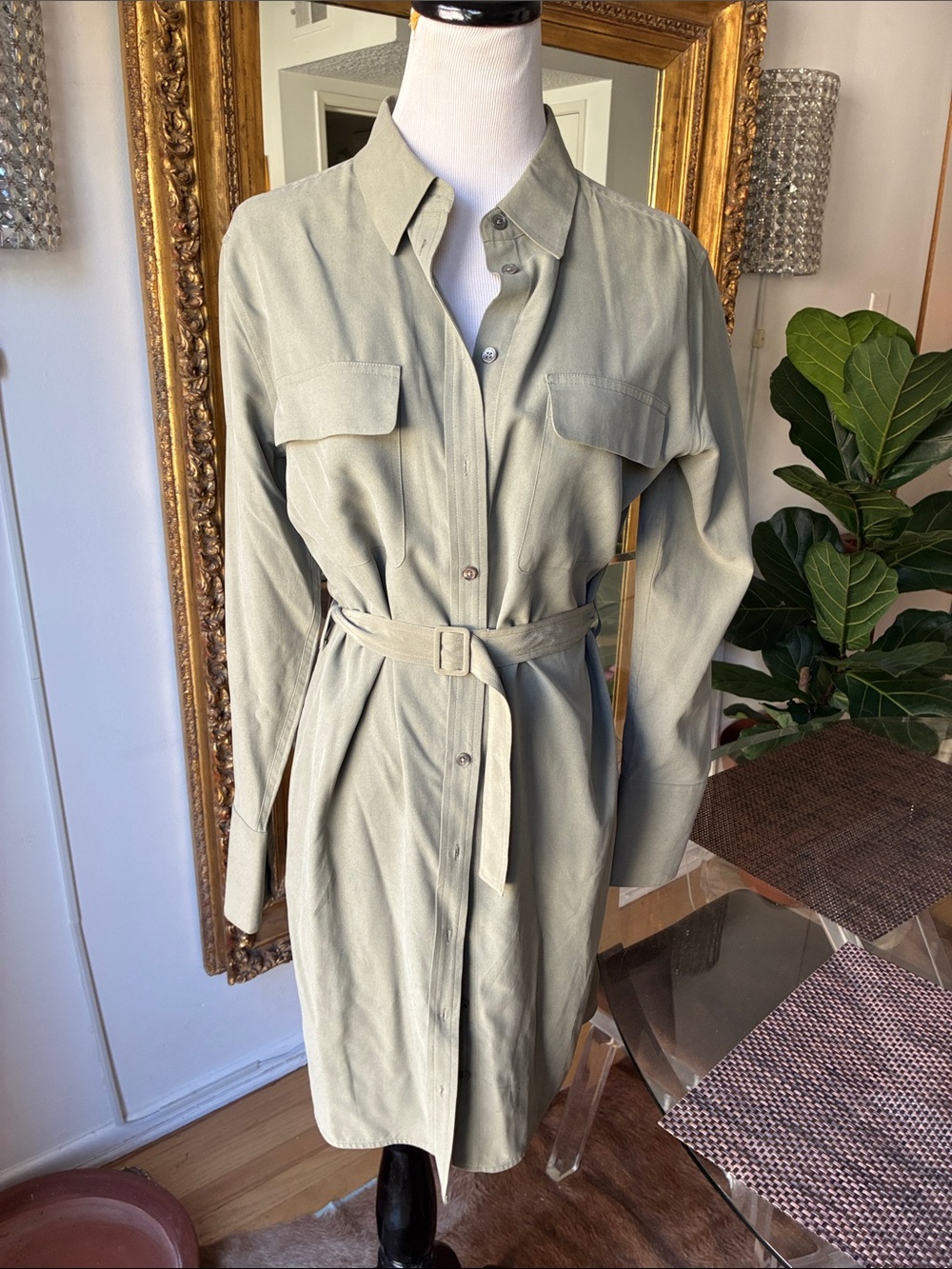 Equipment femme silk Sage Green Belted Trench Shirt dress size S